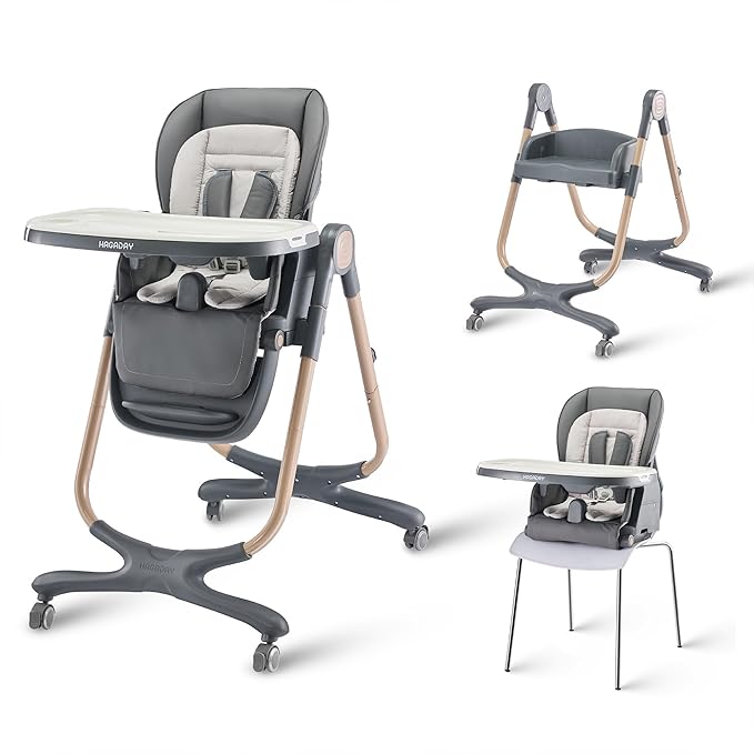 6 in 1 Convertible High Chairs for Babies and Toddlers,Portable High Chair with Dishwasher Tray and 4 Wheel,Booster Seat for Dining Table,Foldable Toddle and Baby Feeding Highchair (Gold-Grey)