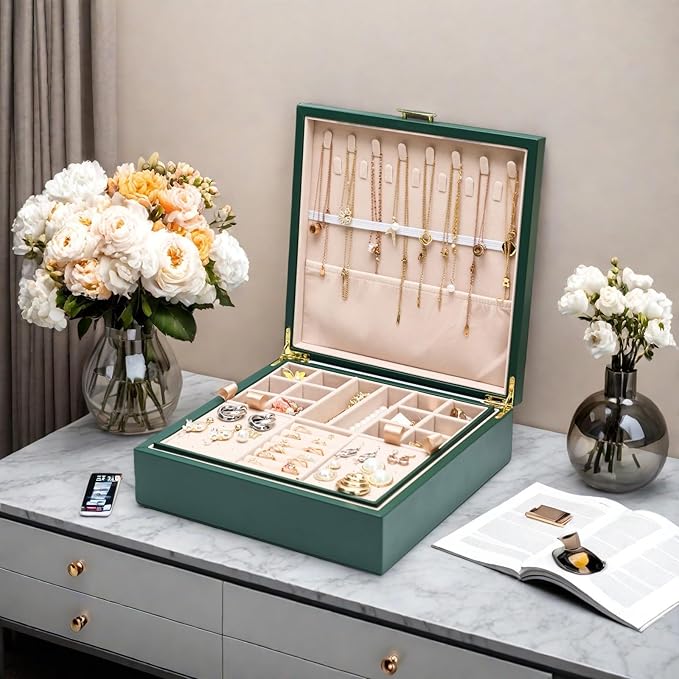 2-layer jewelry box,Jewelry Organizer with Handle,with hanging necklace hooks, detachable jewelry trays, suitable for storing a large amount of jewelry gift box (Large-Green)