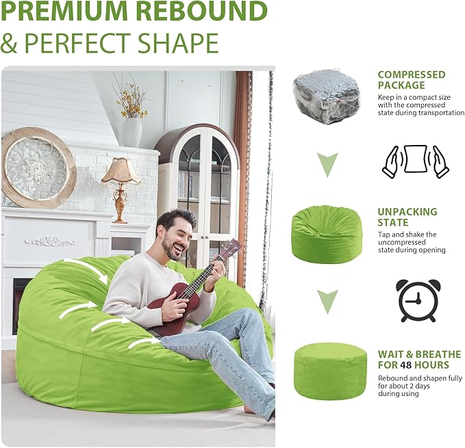 5FT Bean Bag Chair, Large Bean Bag Chairs with Memory Foam Filled, Fluffy Beanbag Sofa with Dutch Velvet Cover, Round BeanBag Chairs for Living Room, Playroom - Lime