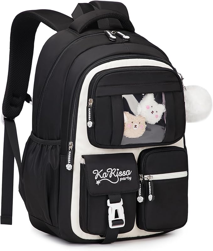 Kids Backpack for Girls - School Bags for Middle School Students - Book Bag for Elementary Primary - Kawaii Ita Backpack - Black and Beige