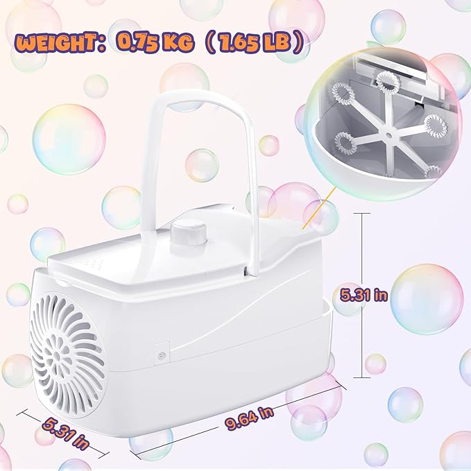 Bubble Machine, Automatic 18000+ Per Minute Big Bubbles Blower Maker for Kids Toddlers with 2 Speeds,6 Wands,Operated by Plugin or Batteries for Outdoor/Indoor Birthday Parties,Wedding (White)