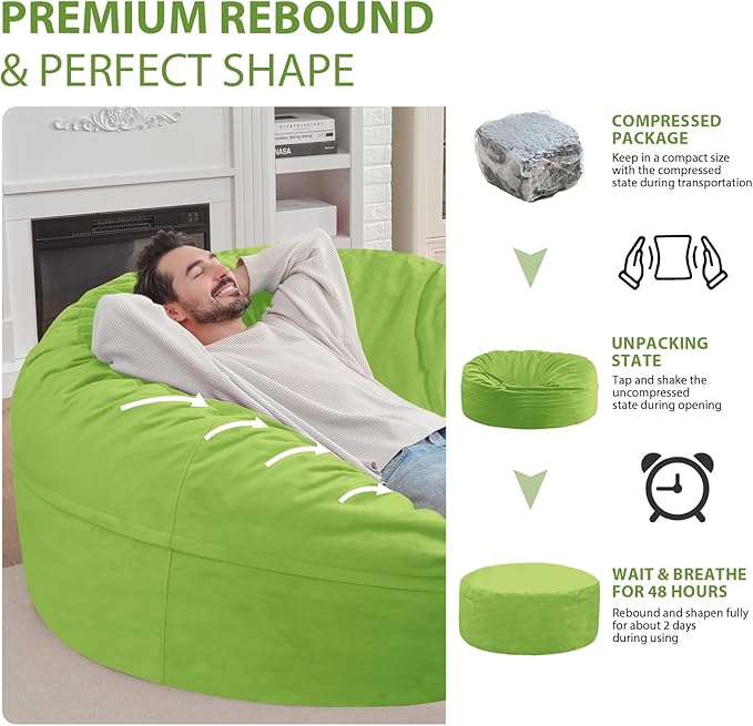 6FT Bean Bag Chair, Large Bean Bag Chairs with Memory Foam Filled, Fluffy Beanbag Sofa with Dutch Velvet Cover, Round BeanBag Chairs for Living Room, Playroom - Lime