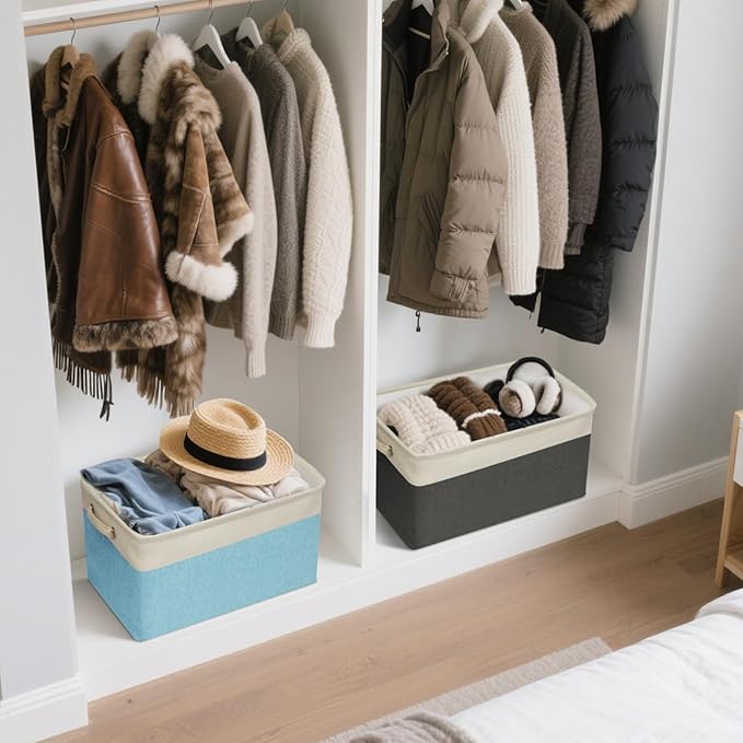 BALEINE 4 Pack Fabric Storage Bins for Shelves, Linen Storage Baskets for Organizing, Decorative Closet Bins for Clothes, Home (Skyblue, 15''x11''x9.5'')