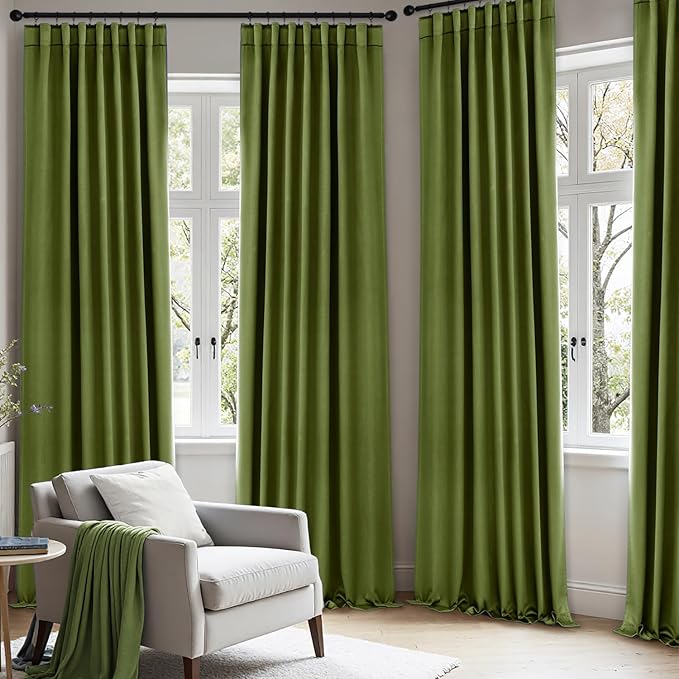 ANRODUO Back Tab Blackout Curtains for Bedroom Living Room, Rod Pocket Pinch Pleated Thermal Insulated Room Darkening Curtains 63 Inches Long 2 Panels, Olive Green, 42 x 63 Inch