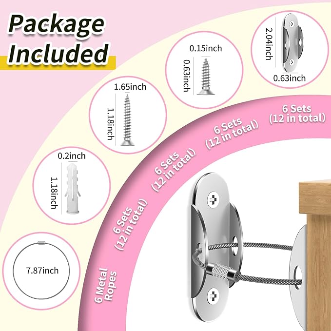 Anti Tip Furniture Anchors (6 Packs) Furniture Anchors for Baby Proofing, Earthquake Straps for Furniture Dresser Wall Safety Anchor Furniture Safety Straps Wall Straps, Silver