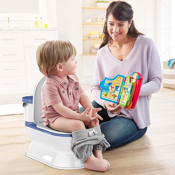 2-in-1 Toddler Potty Training Toilet - Larger Potty Chair & Detachable Training Seat for Boys & Girls Ages 1-3 with Flushing Sound, Wipes Storage, Toilet Paper Holder - Blue