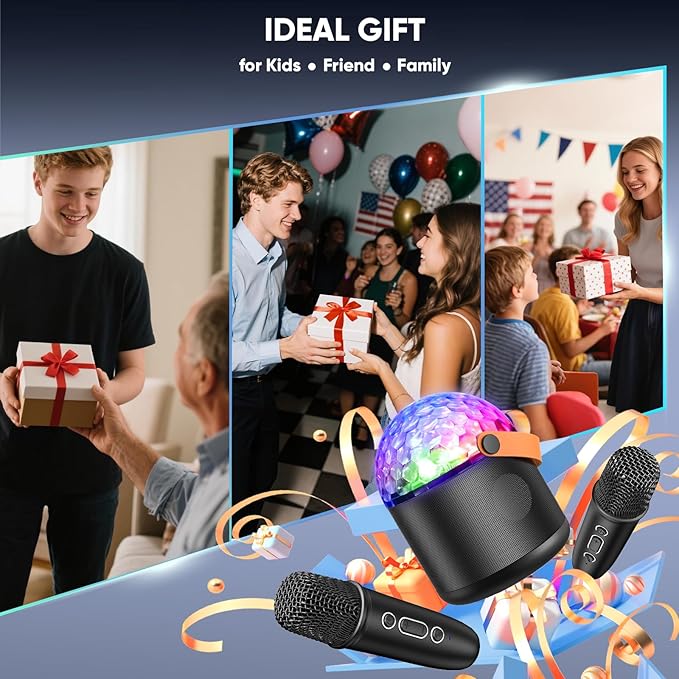 Karaoke Machine with Disco LED Lights for Adults Kids, Portable Bluetooth Speaker with 2 Wireless Microphone Toys Gifts for Girls Boys Birthday Family Home Party