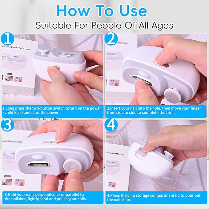 Electric Nail Clipper 2 in 1, Baby Nail Trimmer Electric, Baby Automatic Nail File with Polishing, LED Lights, Nail Chip Storage, USB Charging, 2 Speed Levels for Babies and Adults (White)
