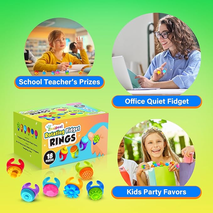 Fidget Rings Sensory Toys for Kids: 18 Pack Fidget Anxiety Spinner Rings- Autism Sensory Toy for Special Needs ADHD- Stress Relief Quiet Fidgets for Classroom- Small Treasure Box Prizes Travel Gifts