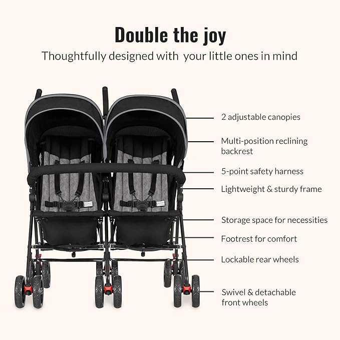 Dream On Me Volgo Twin Umbrella Stroller in Black, Lightweight Double Stroller for Infant & Toddler, Compact Easy Fold, Large Storage Basket, Large and Adjustable Canopy