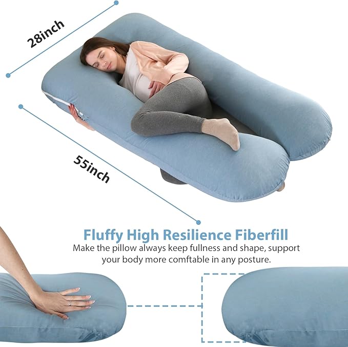 Amagoing Cooling Pregnancy Pillow for Sleeping, U Shaped Maternity Full Body Pillow for Women with Hip, Leg, Back Pain Support, Removable Cooling Cover Included (Light Blue)