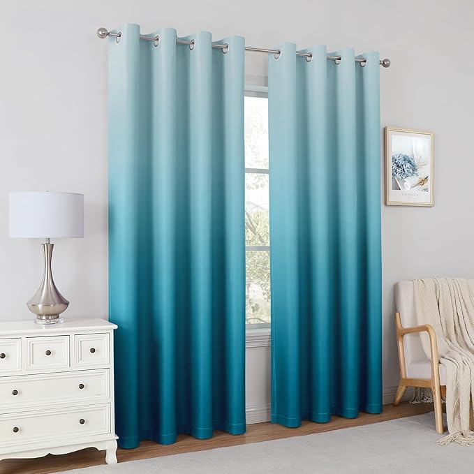 HOMEIDEAS Turquoise Ombre Blackout Curtains 52 X 84 Inch Length Gradient Room Darkening Thermal Insulated Energy Saving Grommet 2 Panels Window Drapes for Living Room, Bedroom