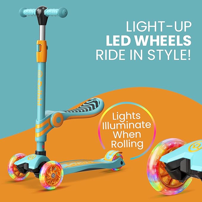 Aqua Orange 3 Wheel Scooter with Seat for Kids – Light-Up LED Wheels, Adjustable Handlebar and Seat, Smooth PU Wheels, Wide Anti-Slip Deck, Rear Foot Brake – Toddler Outdoor Toys for Ages 2+