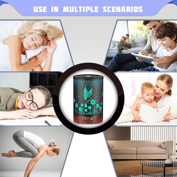 Essential Oils Diffuser,Aromatherapy Diffuser,Birthday Gifts for Women Mom Grandma,Metal Cool Mist Humidifier with 7 Colors Lights Waterless Auto Off Air Diffusers (C-Hummingbirds)