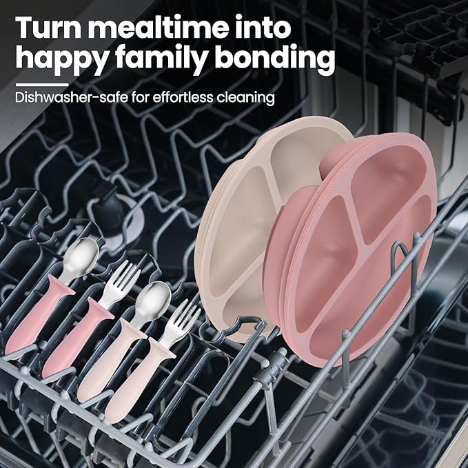 2 Pack Silicone Divided Baby Plates with Suction, 2 Pack Toddler Forks and Spoons Set, BPA Free, Baby Feeding Set for Toddler Utensils, Microwave and Dishwasher Safe