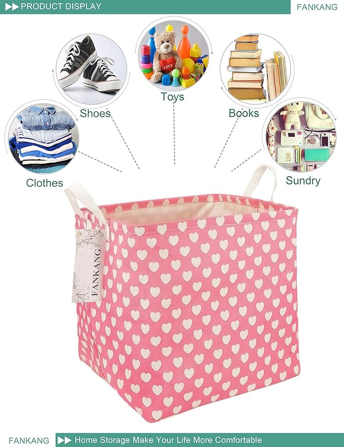 FANKANG Square Nursery Hamper Storage Bins Canvas Laundry Basket Foldable with Waterproof PE Coating Storage Baskets Gift Baskets for Children, Office, Bedroom, Clothes(Square-Pink Heart )