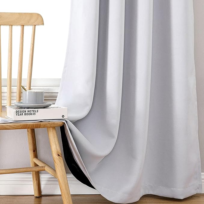 ChrisDowa 100% Blackout Curtains 63 inch Long for Bedroom with Black Liner, Extra Wide 2 Layers Total Blackout Thermal Insulated Grommet Window Curtains 2 Panels Set (Greyish White, 60 x 63 Inch)