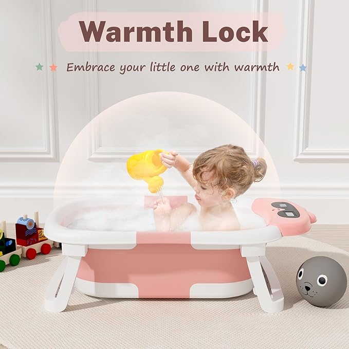 AVIDOR Baby Bathtub,Collapsible Bathtub for Newborn to Toddler,Durable Essential Infant Bath Tub,Portable Travel Baby Tub with Soft Bath Net,No-Slip Feet and Dinosaur Shaped (Pink)