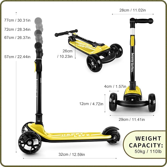 Besrey Kick Scooter for Kids Ages 3-10, 3-Wheel Folding Scooter with Adjustable Height, LED Light Wheels, Extra Wide Deck for Outdoor Activities