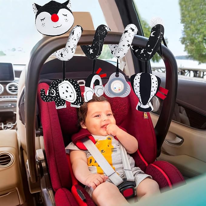 Car Seat Toys, High Contrast Black and White Toy for Infants 0-3 6 12 Months, Musical Black Fox Carseat Toys Stroller Toy for Babies Newborns
