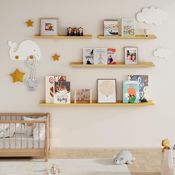 Fun Memories Picture Ledge Shelf, 48 Inch Floating Shelves Set of 2, Large Nursery Book Shelves for Toys Storage, Kids Bookshelf Wall Mounted for Wall Decor Books Photo Frames, Oak