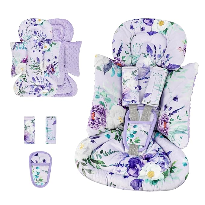 Infant Car Seat Insert and Strap Covers, Very Soft Car Seat Head Support Baby Girl Boy, Reversible Newborn Carseat Insert Cushion Fits for Stroller, Baby Swing, Bouncer (Purple Floral)