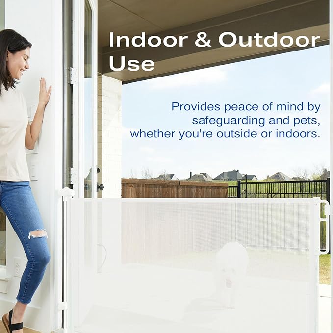 Cumbor 55" Wide Retractable Baby Gates for Stairs, Mom's Choice Award - Mesh Dog Gate for Doorways, Pet Safety Essential Fit for Baseboards, Wide Toddlers Gates for Hallways, Indoor & Outdoor, White