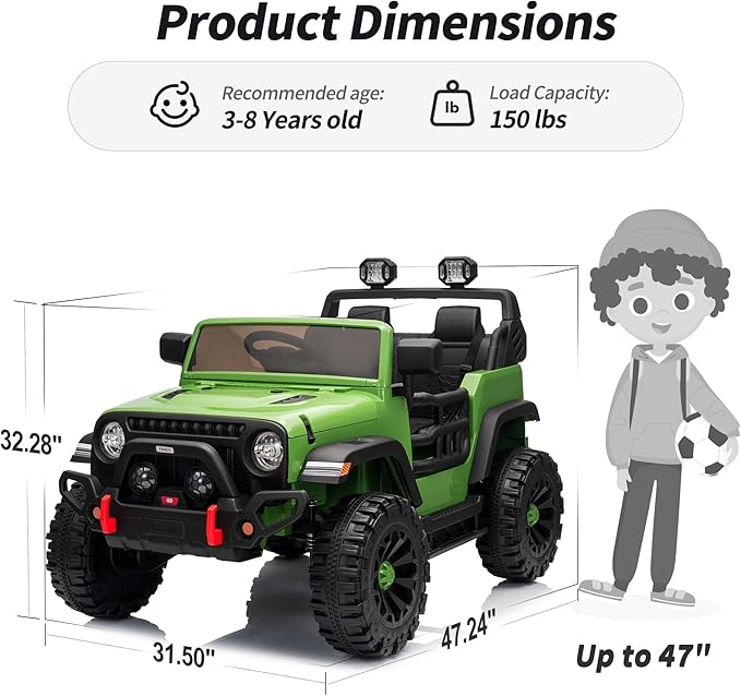 2 Seater Ride on Toy Car for Kids, 24V 4WD Ride-on Truck Kids Electric Car with Remote Control, 4x200W Motors - Army Green