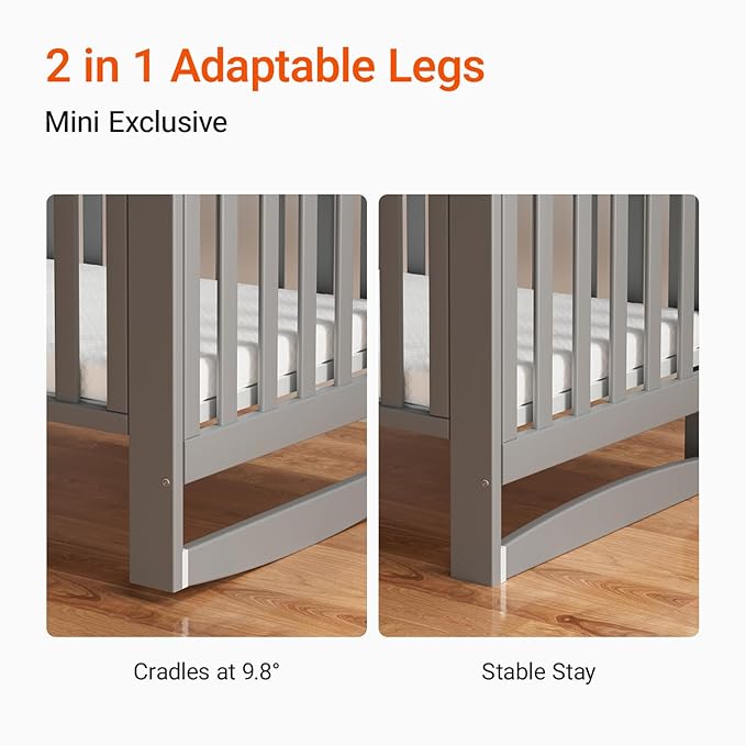 EvoNest Baby Crib, 11 in 1 Convertible Mini Crib with Wheels, 100% New Zealand Wood Growing Bed, 4 Adjustable Mattress Height,Grey