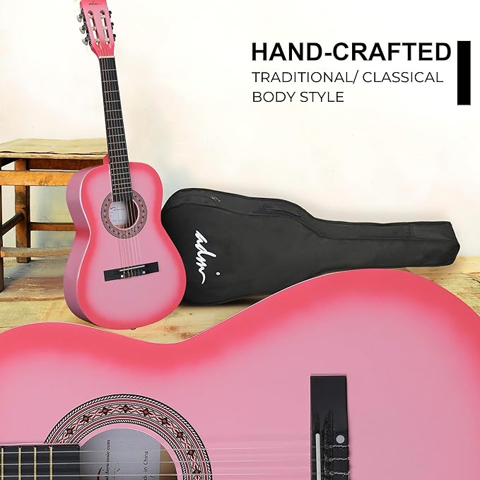 ADM Beginner Acoustic Classical Guitar 36 Inch Nylon Strings Wooden Guitar Bundle Kit for Kid Boy Girl Student Youth Guitarra Online Lessons with Gig Bag, Strap, Tuner, Strings, Picks, Pink