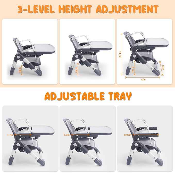 Bear Booster Seat for Kitchen Chairs, Portable High Chair for Babies 6–12 Months, Adjustable 3-Level Foldable Booster with Removable Tray, Ideal for Home, Outdoor, Camping, and Travel