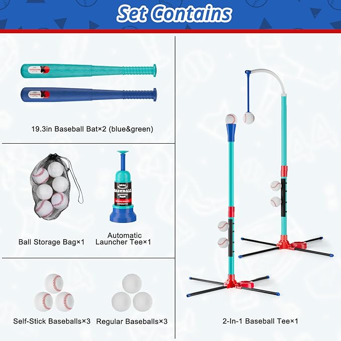 3-in-1 Baseball Set for Kids: Hanging Batting Tee + T Ball Stand Set Auto Ball Launcher for Toddlers & Youth Adjustable Height with 6 Balls 2 Bats Outdoor&Indoor Toys Sports Gifts for 3-12 Years Old