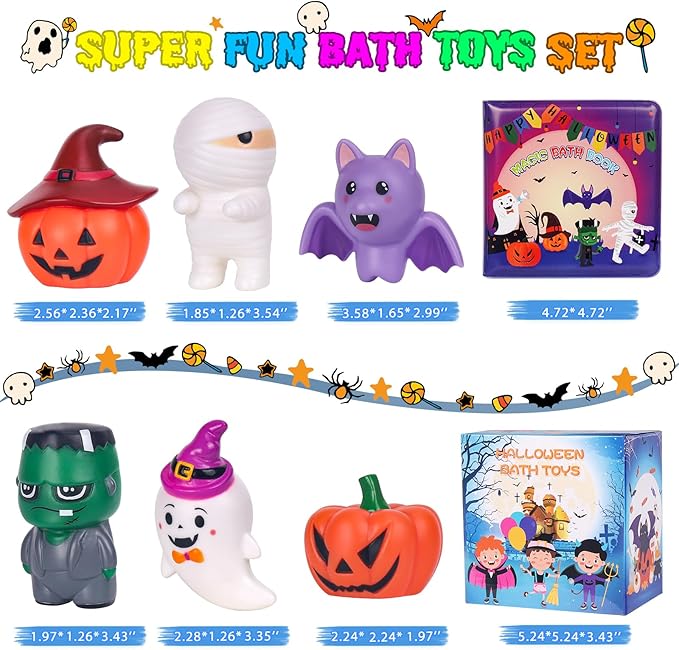 Halloween Light Up Bath Toys for Toddlers Kids, No Hole Bath Toys with Halloween Bath Book, LED Light Bath Time Water Toys for Bath Tubs Bathroom, Halloween Toys & Gift for Toddlers Kids Baby Shower