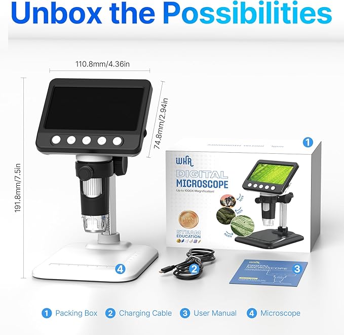 Coin Microscope for Error Coins, 4.3 inches 1080P LCD Digital Microscope, 50x-1000x Magnifier with 8 Adjustable LED Lights, PC View, Compatible with MacOS Windows for Adults Kids