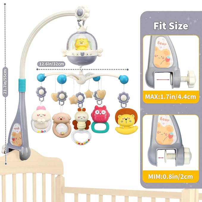 Baby Crib Mobile with Night Lights and Music,Hanging Mobile for Crib Bassinet with Rotation, Projection,Remote Control,Babies Crib Toys for Nursery Newborn Infant Boys Girls (Gray)