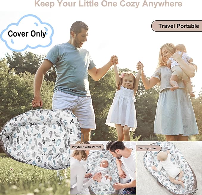 Baby Lounger Cover Only for Newborns, 100% Cotton Soft Portable Baby Nest Lounger Cover, Breathable Infant Lounger Replacement Cover, Lounger Pillow Cover Fit for Snuggle Me, Cover Only(Leaf Pattern)