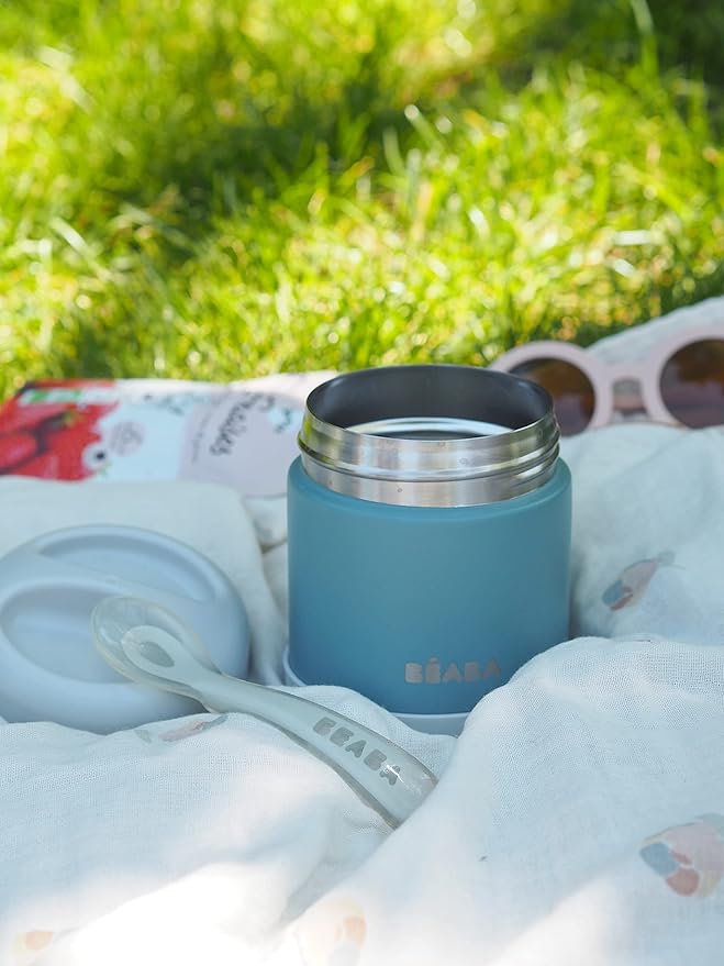 Beaba Stainless Steel Insulated Food Jar 10 oz, Kids Thermos, Lunch Containers, Leakproof, Wide Opening, Suitable for Hot and Cold Foods (Eucalyptus)