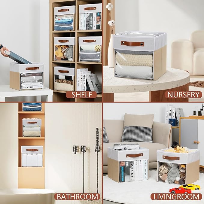 HNZIGE 11 Inch Foldable Fabric Storage Cubes - Clear Bins for Shelves, Canvas Cube Organizer Bins (White Beige 6 PCS)