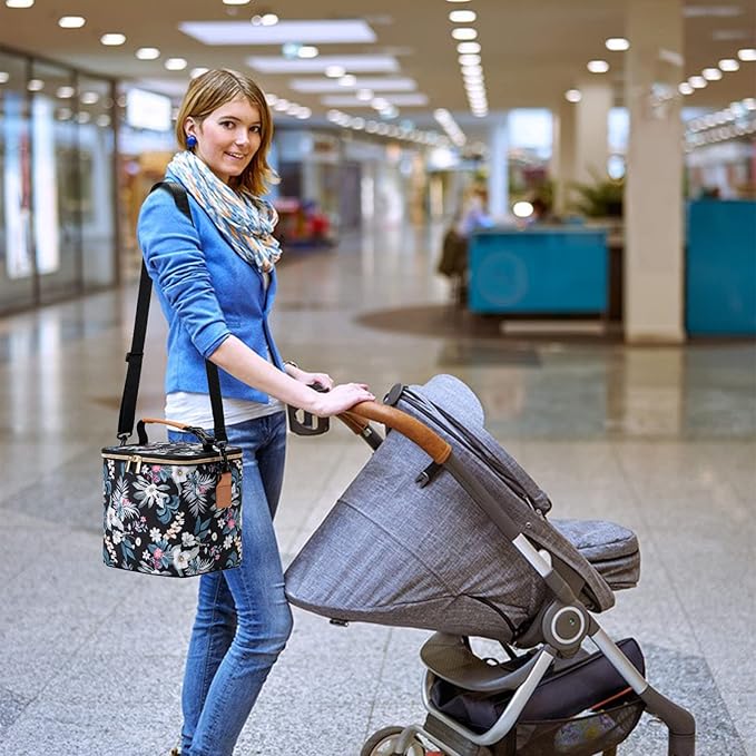 Breastmilk Cooler Bag with Ice Pack Fits 6 Baby Bottles Up to 9 Ounce, Baby Bottle Bag with Shoulder Strap for Nursing Mom Daycare, Floral