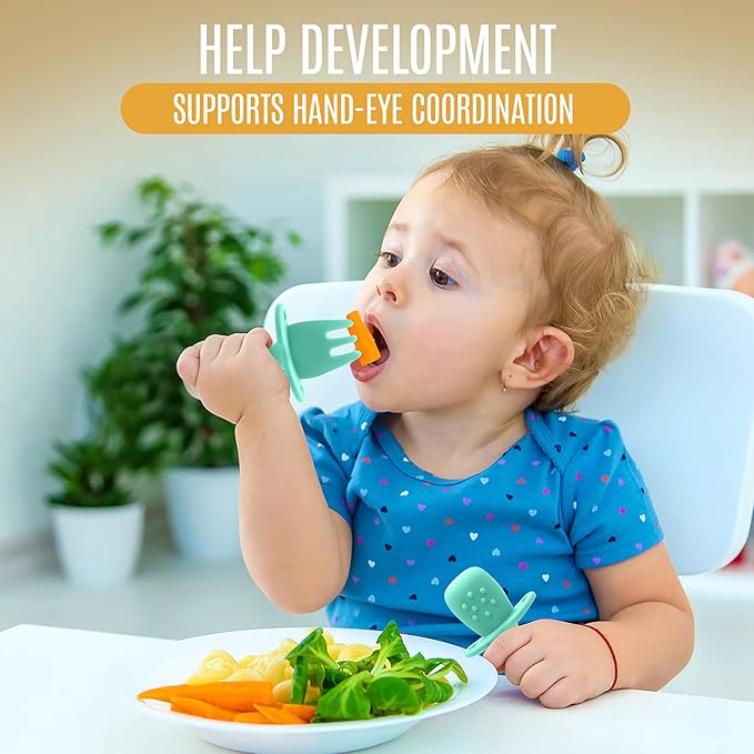 4pc Silicone Baby Spoons Self Feeding Baby Utensils 6-12 Months - 3 Baby Spoon - 1 Baby Fork - Toddler Cutlery Set - BPA Free, Dishwasher Safe - Baby Eating Essentials (Pink/Blue)