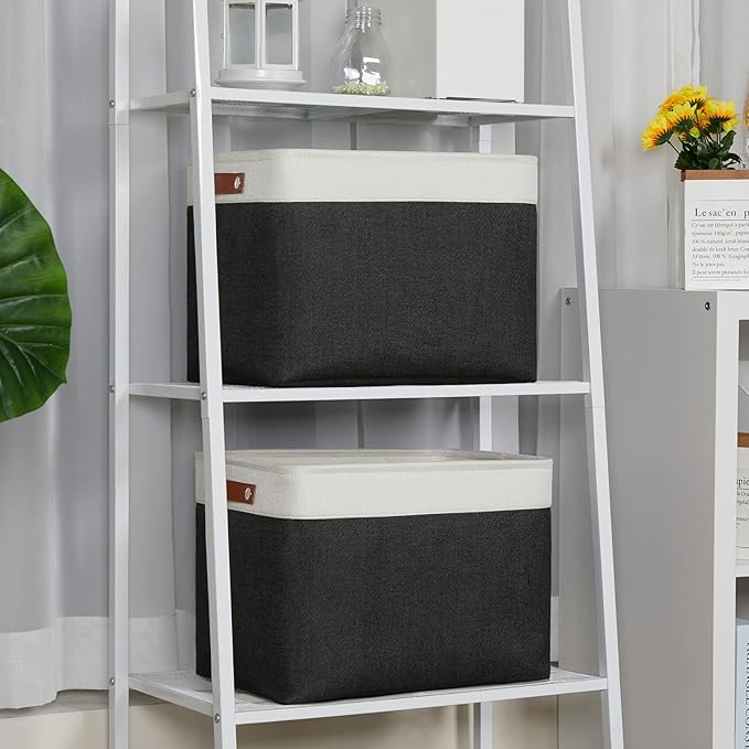 DULLEMELO Storage Bins Large-16"x12"x12" With Leather Handles for Organizing,Decorative Collapsible Storage Baskets for Shelves Closet Home Office (White&Black)