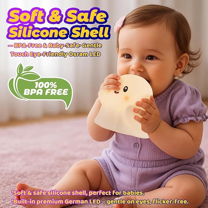 Halloween Ghost Night Light RGB β Touch Night Light for Kids, Rainbow Color-Changing,30-Min Timer,Sounds & Sleep Music, Squishy Silicone, USB Rechargeable, Nursery Decor, Ghost Light Decor