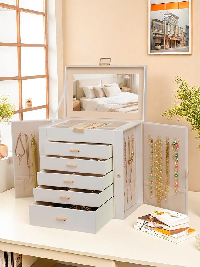 BOOVO Jewelry Box For women, 6 Layer Large Jewelry Organizer With Mirror, Multi-Function Storage Box With Lock, Necklace Holder With 5 Drawers, For Earrings Necklace Bracelet (Pearl White and Gold)