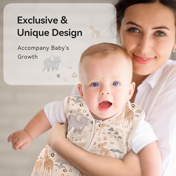 Baby Sleep Sack 12-18 Months 0.5 Tog Wearable Blanket Baby, 3 Pack 100% Cotton Lightweight Sleeping Sack with 2-Way Zipper for Infant Toddler Apricot Gray Green Elephant