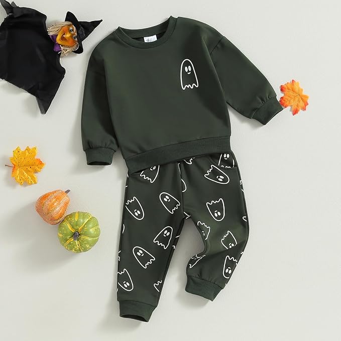 0-4T Toddler Boy Girl Halloween Outfit Fall Clothes Ghost Long Sleeve Sweatshirt Top Pants Baby Halloween Clothes