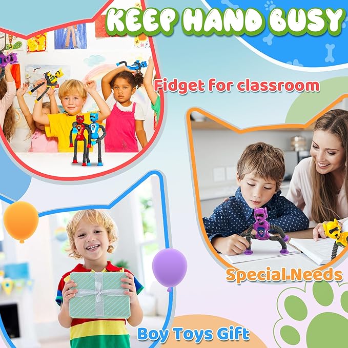 Cool Robot Dog Pop Tubes Sensory Fidgets Toddler Toy 4PC Travel Toys Airplane Car Activities Autistic Road Trip Toys Suction Tube for Kid Boy Year Old Ages 3 4 5 6 7 8 ADHD Autism Fidget Classroom