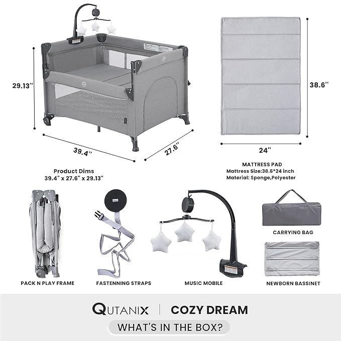 2-in-1 Baby Playard, Pack and Play Bassinet, Easy Folding Portable Crib with Music Mobile for Newborn to Toddlers (Grey)