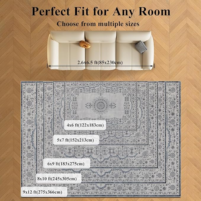 9x12 Area Rug Living Room Rugs, Stain Resistant Washable Rug, Vintage Large Non-Slip Backing, Low Pile Lightweight Print Rug for Bedroom Dinning Room Home Office (Grey/Blue)