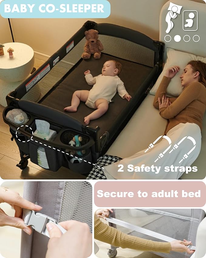 AirClub 4 in 1 Baby Bassinet Bedside Sleeper, 4 Functions Crib, Playard, Portable Changing Table, Bassinet for Newborn Baby, Bedsaide Bed w/Wheels&Brakes