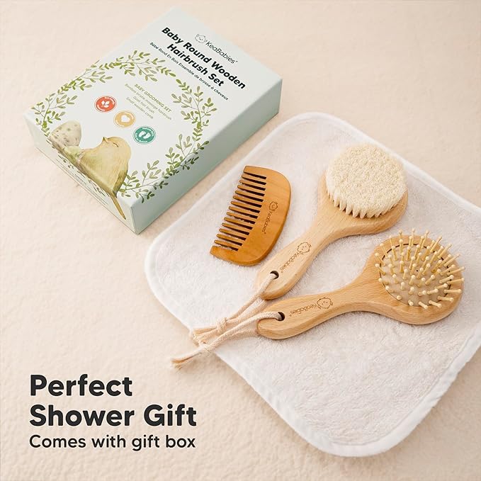 Baby Hair Brush and Comb Set for Newborn - Wooden Baby Hair Brush Set with Soft Goat Bristle, Baby Brush Set for Newborns, Baby Brush and Comb Set Girl, Boy, Toddler Cradle Cap Brush (Round, Walnut)